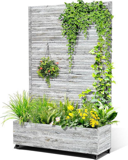Metal Raised Garden Bed with Trellis, 2-in-1 Planter Box & Privacy Screen for Climbing Plants, Outdoor Standing Flower Bed with Drainage Holes, 47.2" L x 16.7" W x 70.8" H, White Oak Grain
