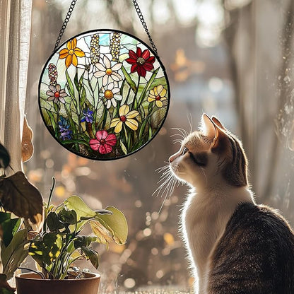 Stained Glass Window Hanging, Colorful Wildflowers Plant Scenery Suncatcher for Doors Window Home White Green Sun Catchers Decor Mother's Day Birthday Gifts for Women, Men Mom 15 in