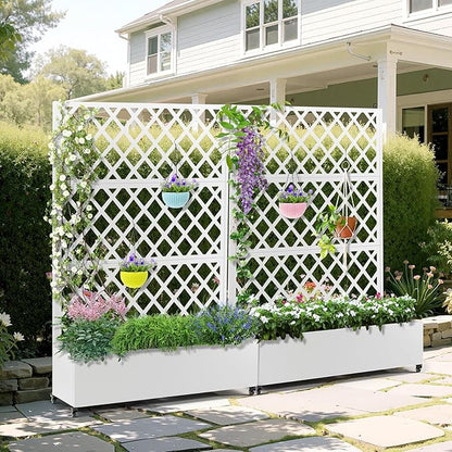 Metal Planter Box with Trellis & Wheels, Raised Garden Bed with Privacy Screen, Outdoor Standing Flower Beds with Drainage Hole for Climbing Plants, Vine, 47.2''L×15.7''W×70.9''H, White