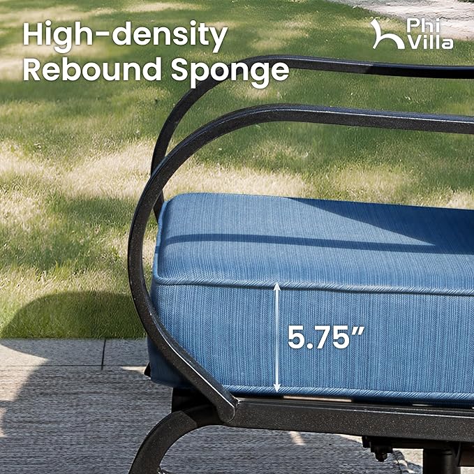 PHI VILLA 6 Piece Patio Furniture Sets with 1 x 3-Seat Deep Seating Bench, 2 x Cushioned Swivel Sofa Chairs, 1 x Coffee Table & 2 Ottoman, Outdoor Metal Conversation Set for Lawn Garden, Peacock Blue
