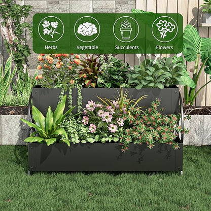 Metal Wagon Planter Box, 3-Tier Garden Planter with Wagon Wheels, Decorative Outdoor Planters for Flowers Herbs Vegetables, Flower Cart Small Raised Garden Bed for Patio, Balcony (Black)