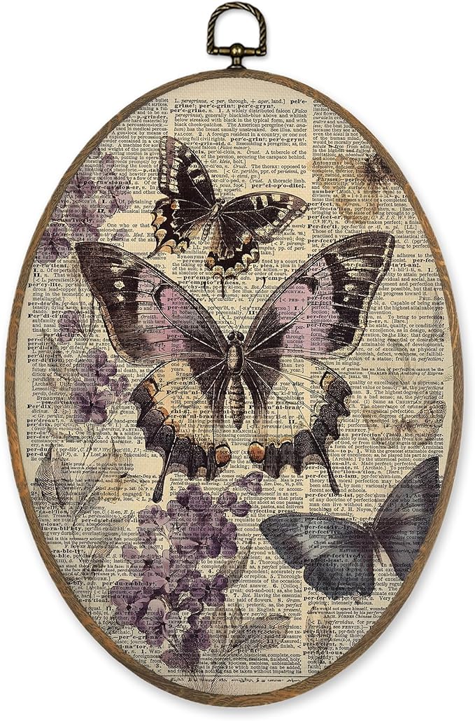LKETW Vintage Purple Butterfly Oval Wall Art Decor, Cottagecore Dictionary Butterfly Floral Oval Canvas Hanging Decor, Retro Moth Insect Wall Decorations for Home Bedroom Living Room, 8.6x11.4 Inch