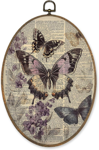 LKETW Vintage Purple Butterfly Oval Wall Art Decor, Cottagecore Dictionary Butterfly Floral Oval Canvas Hanging Decor, Retro Moth Insect Wall Decorations for Home Bedroom Living Room, 8.6x11.4 Inch