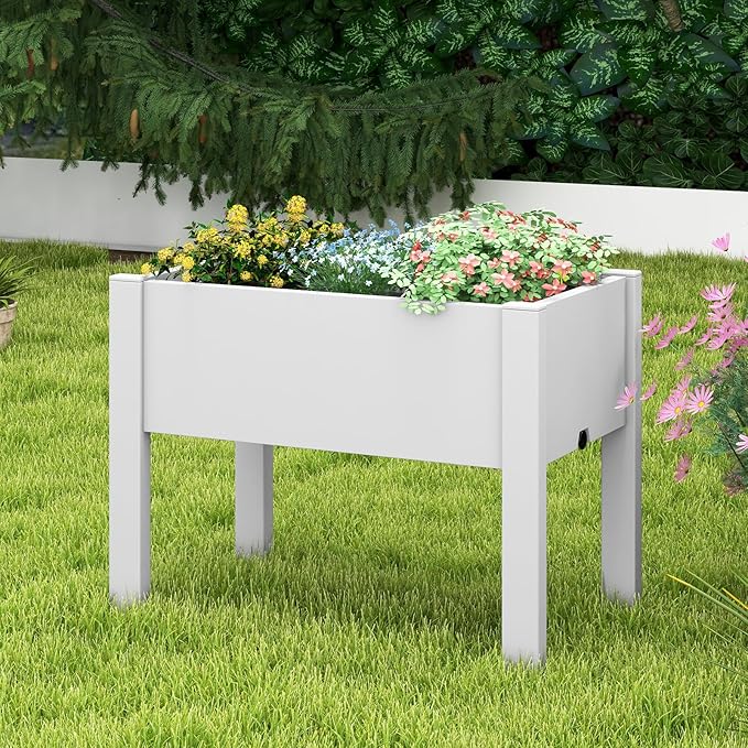 Giantex Raised Garden Bed with Legs, Self-Watering Planter Box with Water Level Indicator, Drainage Hole & Detachable Space Dividers, Outdoor Plant Container for Flower, Vegetable, Fruit, Herb (White)