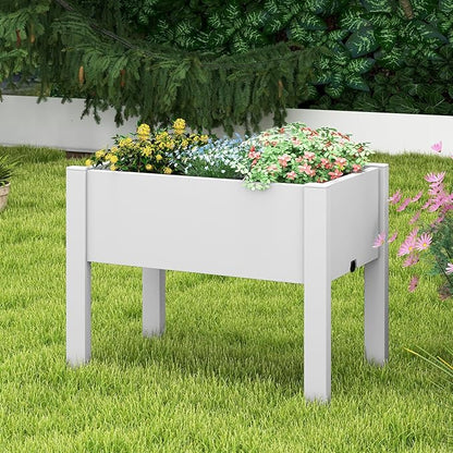 Giantex Raised Garden Bed with Legs, Self-Watering Planter Box with Water Level Indicator, Drainage Hole & Detachable Space Dividers, Outdoor Plant Container for Flower, Vegetable, Fruit, Herb (White)