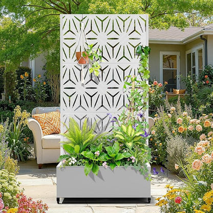 Metal Raised Garden Bed with Trellis, 2-in-1 Planter Box & Privacy Screen for Climbing Plants, Outdoor Standing Flower Bed with Drainage Holes, 35.4" L x 15.7" W x 70.1" H, White-Star