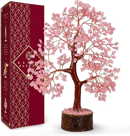 KARMAPLEDGE Rose Quartz Crystal Tree of Life for Women Office Decor, Good Luck, Money, Meditation, Positivity, Handmade Healing Crystal Stones Bonsai Tree Spiritual Birthday Gifts for Women