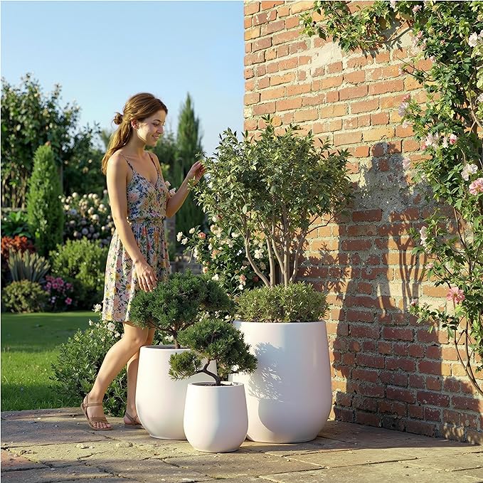 DTY Signature Mount Wilson Modern Indoor Outdoor Fiberstone Tapered Planter, Lightweight, Weather Resistant Garden Pot with Drainage Hole & Rubber Plug, Planter for Christmas Decor - White, Medium