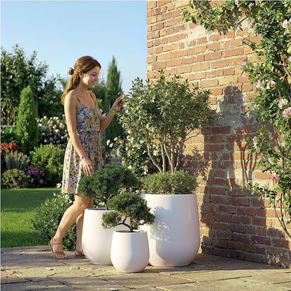 DTY Signature Mount Wilson Modern Indoor Outdoor Fiberstone Tapered Planter, Lightweight, Weather Resistant Garden Pot with Drainage Hole & Rubber Plug, Planter for Christmas Decor - White, Medium