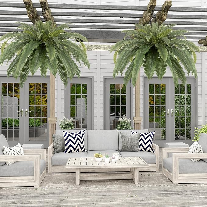 48in UV Resistant Artificial Ferns for Outdoors Large, Realistic Fake Boston Fern with Full Multiple Silk Fronds, Faux Boston Fern for Porch Outdoors, Garden or Hanging, 2 Pack