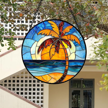 Stained Glass Window Hanging 4 Pcs Set Blue Orange Ocean Beach Theme 6.3" - Suncatcher Door Garden Sun Catcher Decor Birthday Christmas for Mom Woman Nana Men Wife