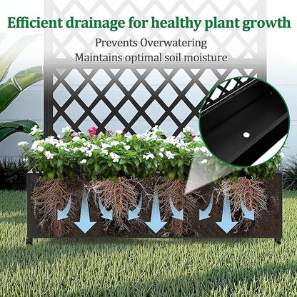 Metal Raised Garden Bed with Trellis and Wheels, 2 in 1 Trellis with Planter Box & Privacy Screen for Climbing Plants, Outdoor Standing Flower Beds with Drainage Holes, 47.2''L×15.7''W×70.9''H, Black