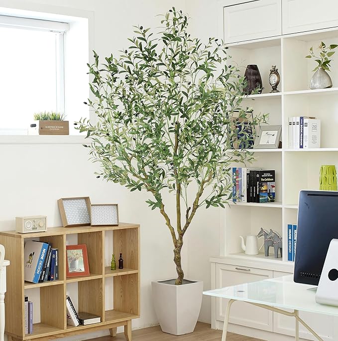 Artificial Olive Tree 7FT with 1476 Leaves Realistic Tall Large Faux Silk Deluxe Plant 84 Inch Black Pot for Indoor Home Office Porch Mall School Hotel Modern Decor Housewarming Gift