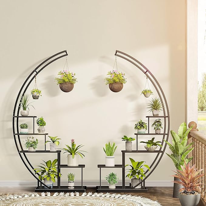 JACK&JULIA Plant Stand, Moon 5 Tier Tall Metal Plant Shelf with 3 Hooks, Large Curved Shape Rack Plant Holder for Living Room, Garden, Patio, Balcony