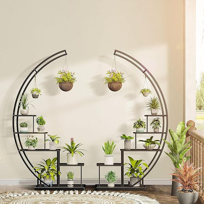 JACK&JULIA Plant Stand, Moon 5 Tier Tall Metal Plant Shelf with 3 Hooks, Large Curved Shape Rack Plant Holder for Living Room, Garden, Patio, Balcony