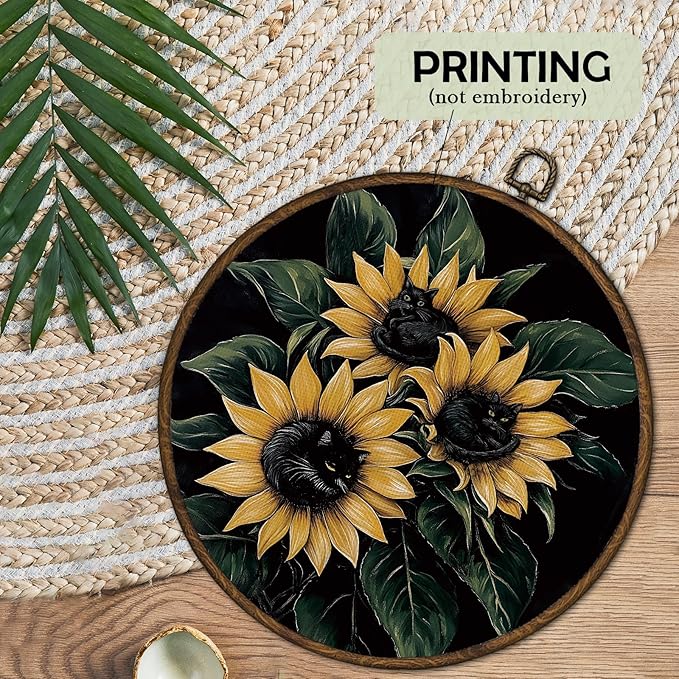 cvjutf Gothic Black Cats Flower Wall Art Decor Framed, Dark Moody Flower Botanical Round Wall Decor, Farmhouse Cat Flowers Canvas Prints Art for Gallery Bathroom Living Room, Black Cat Gifts, 10x10In