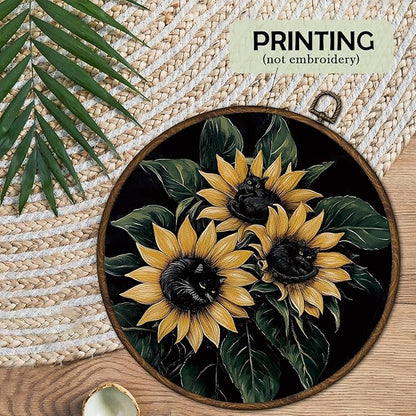 cvjutf Gothic Black Cats Flower Wall Art Decor Framed, Dark Moody Flower Botanical Round Wall Decor, Farmhouse Cat Flowers Canvas Prints Art for Gallery Bathroom Living Room, Black Cat Gifts, 10x10In