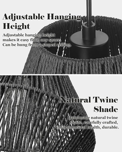 ELYONA 16.5” Large Modern Woven Chandelier Farmhouse Coastal Pendant Light Fixtures Matte Black Handwoven Rattan Basket Shade Boho Pendant Hanging Lamp for Kitchen Dining Room Bedroom Foyer Hallway