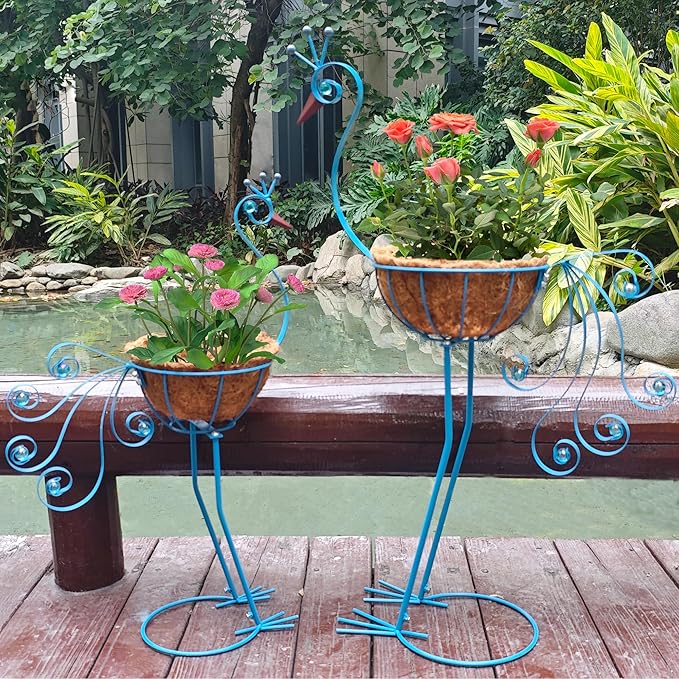 Metal Peacock Planter with Fiber Basket -Garden Bird Planters for Outdoor Indoor Lawn,Yard,Porch,Patio, Garden Decorations（Set of 2）