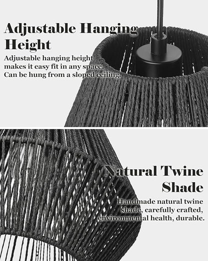 Woven Pendant Light Fixtures, ELYONA 7" Farmhouse Coastal Hanging Lamp with Matte Black Handwoven Rattan Basket Shade Modern Boho Pendant Light for Kitchen Island Dining Room Bar Bedroom Foyer Hallway