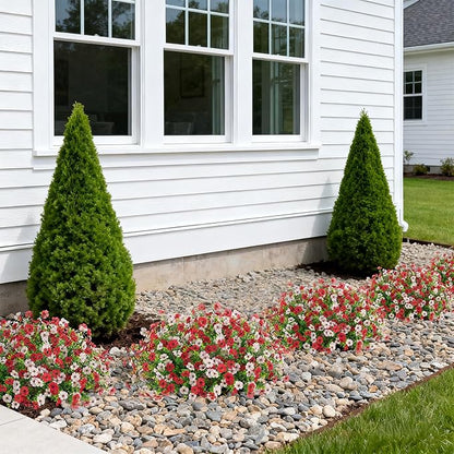 Artificial Fake Plants Flowers for Outdoor Spring Summer Decor, 12 Bundles Faux Silk Daisy for Planter Pot Colorful UV Resistant Look Real for Front Door Porch Patio Outside Yard(Red White)