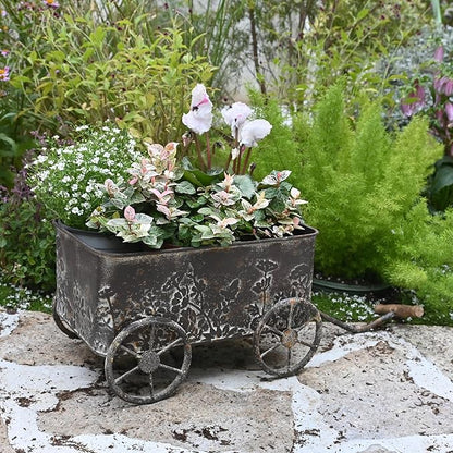 Flower Cart with Wooden Handles, Metal Wagon Planters for Outdoor Plants, Garden Planter with Wagon Wheels, Decorative Wheelbarrow, Plant Cart for Patio Garden Balcony (Brown)