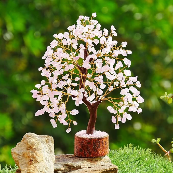 Rose Quartz Chakra Tree of Life Crystal Decor – Feng Shui Money Tree for Good Luck – Spiritual Positive Energy Healing Gemstone Home Office Wealth Attraction Decoration 300 Beads 10 Inches