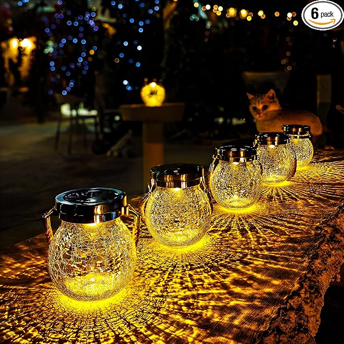 Cooo Christmas Gifts 6 Pack Solar Lanterns Waterproof Outdoor Heavy Crackle Glass a Big Warm LED Stainless Steel Lid 215% Solar for Women Mom Grandma Landscape Path Lights Garden Yard Backyard Decor