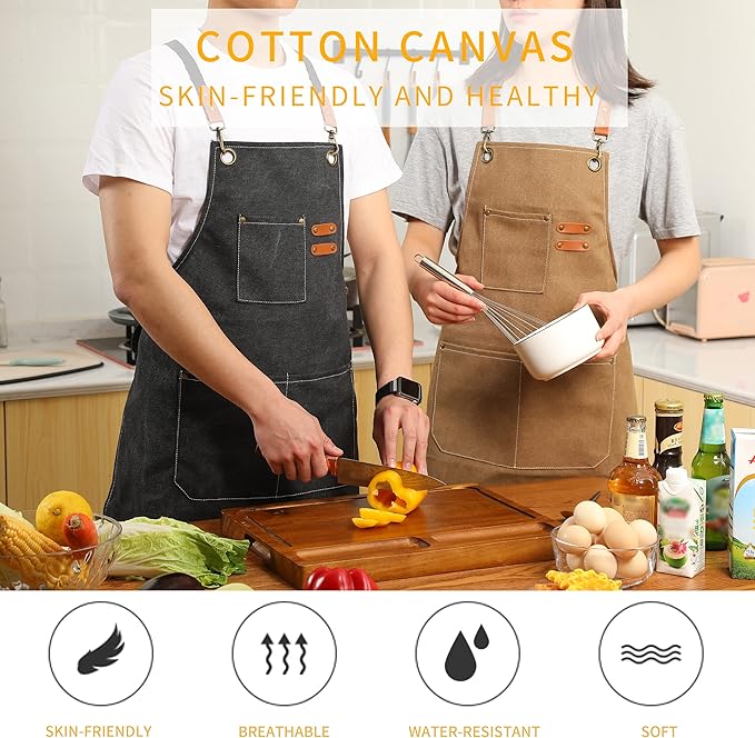 Tosewever 2 Pack Canvas Cross Back Chef Apron for Men Women with Pockets, Cotton Tool Aprons for Cooking Kitchen BBQ Artist