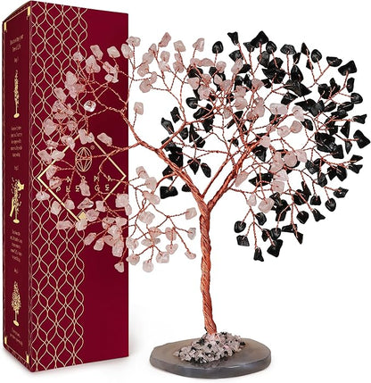 Crystal Tree for Home and Office Decoration, Black Obsidian & Rose Quartz Healing Stones Handmade Tree of Life for Positive Energy, Money, Good Luck, Christmas Decor, Birthday Gifts for Women, Mom