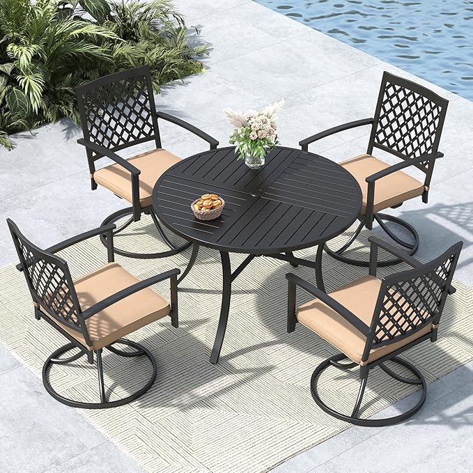 MFSTUDIO Round Patio Dining Set for 4, Metal Outdoor Dining Set with Umbrella Hole, 5 Piece Patio Table and Chairs Set for Backyard Deck Poolside