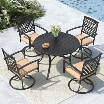 MFSTUDIO Round Patio Dining Set for 4, Metal Outdoor Dining Set with Umbrella Hole, 5 Piece Patio Table and Chairs Set for Backyard Deck Poolside