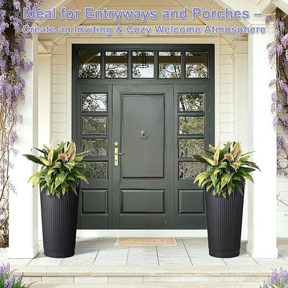 24in Tall Self-Watering Planters Set of 2 - Black Flower Pots with Water Level Monitor, Non-Toxic Plastic Planters for Indoor Outdoor Patio, Porch, Living Room, Home Office