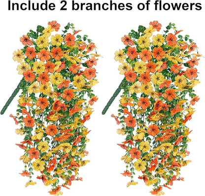 HyeFlora Artificial Flowers for Outdoors Decoration, 2Pcs Fake Hanging Spring Decor, Yellow and Orange Realistic Plants, UV & Fading Resistant Silk Flower for Porch Patio Balcony Planter Yard
