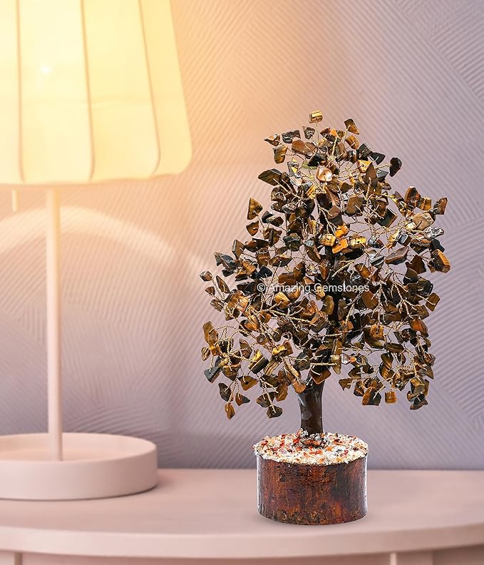 Amazing Gemstone Tigers Eye Natural Healing Premium Crystal Bonsai Feng Shui Fortune Money Tree of Life for Home Office Decor (Gift Box Ready,10-12 Inch)