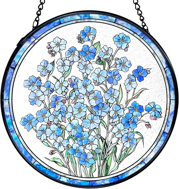 TNUW Blue Forget Me Not Flower Stained Glass Window Hanging, Blue Flower Sun Catchers Indoor Window Glass Round Wall Art Decor, Floral Botanical Wall Hanging Decorations, 7.9＂x7.9＂