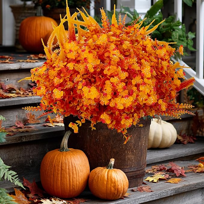 Artificial Fall Flowers for Outdoors Fake Mums - 16 Bundles Faux Fall Decor Plants No Fade Shrubs (16, OrangeYellow)