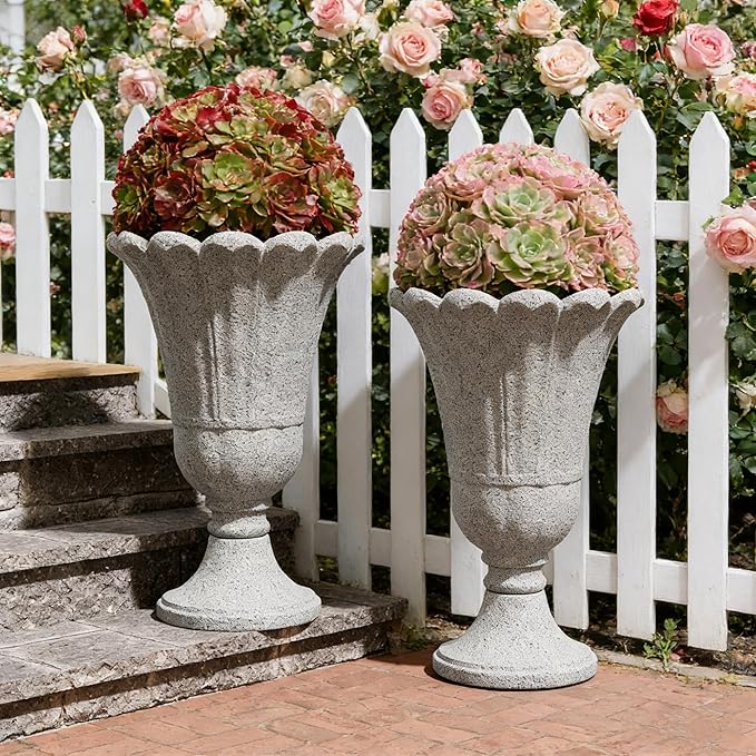 23.6" Tall Plastic Urn Planters for Outdoor Plants with Drainage Holes & Petal Design, Set of 2 Heavy-Duty Classic Indoor Large Flower Pots, Outdoor Planters for Porch/Home/Garden, Gray
