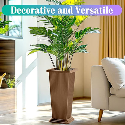 24 Inch Tall Tapered Square Planters (Set of 2) - Indoor Outdoor Large Flower Pots with Built-in Drainage & Matching Water Tray for Patio, Garden, Home - Brown