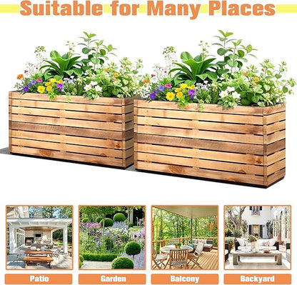 FENCY Large Metal Planter, Large Rectangular Planters for Outdoor Plants, Tall Outdoor Planters for Porch Patio, 32" L x 15" W x 16.3" H Walnut Finish Metal Planter with Drainage Hole