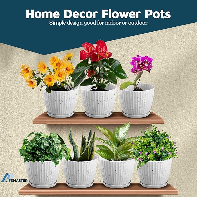 White Gray 6-Inch Plant Pots with Drainage & Saucers 6 Pack, Indoor & Outdoor Planters for Houseplants, Herbs, and Flowers, Durable & Weatherproof Material, Stackable, Lightweight, Minimalist Design
