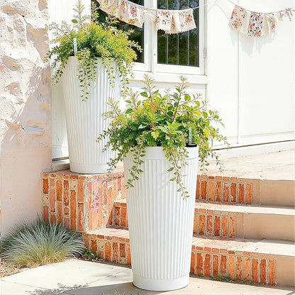 24” Outdoor Tall Planters Set of 2, Self Watering Large Planter Pots for Indoor Plants, Plastic Outdoor Flower Pots with Drainage Hole for Front Porch, Patio (White Ribbed)