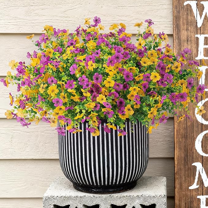 Artificial Fake Mums Flowers for Outdoor Fall Decor, 12 Bundles Faux Silk Plants Daisy for Planter Pot Colorful UV Resistant Look Real for Front Door Porch Patio Outside Yard(Purple Yellow)