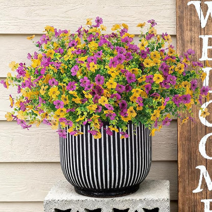 Artificial Fake Mums Flowers for Outdoor Fall Decor, 12 Bundles Faux Silk Plants Daisy for Planter Pot Colorful UV Resistant Look Real for Front Door Porch Patio Outside Yard(Purple Yellow)