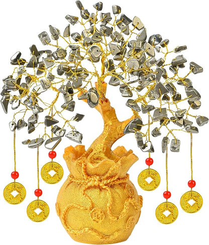 Pyrite Crystal Tree with Artificial Coin Pot Base Bonsai for Home & Office Decor Good Luck 6 Feng Shui Coins Money Wealth Tree Golden Crystal Spiritual Gifts for Women Mom Sister Desk Bookshelf Decor