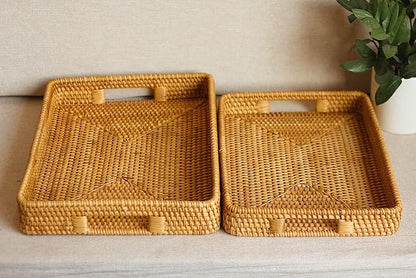 Rectangular Wicker Serving Tray | Set of 2 | Handmade Woven Rattan Storage Basket | Decorative Coffee Tabletop Tray | Boho Flat Bathroom Organizer - (L- 15.4""x2.4"" M- 13.7""x 2"")