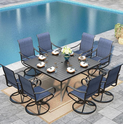Sophia & William Outdoor Dining Set Patio Dining Sets Patio Table and Chairs Set 9 Pieces Square Outdoor Dining Table 60" for 8 with Swivel Patio Chairs for Garden Pool All Weather Blue