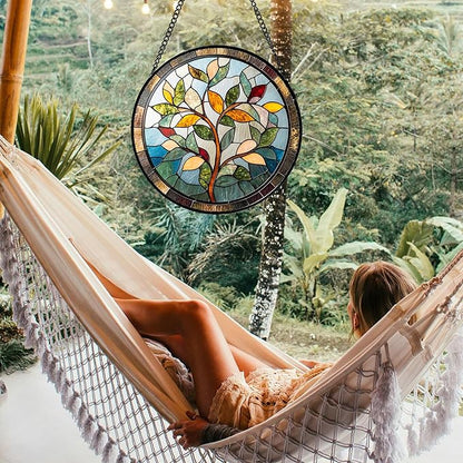 Stained Glass Window Hanging Colorful Tree of Life 9.8" - Plant Leaves Suncatcher Door Garden Sun Catcher Home Decor Birthday Christmas for Mom Men Woman Nana Friend