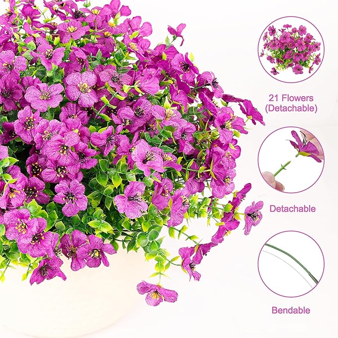 FGSAEOR 12 Bundles Artificial Flowers for Outdoor Indoor, Faux Flower Purple Daisy with Eucalyptus Leaves Fake Plants Greenery, Garden Home Decor for Boxwood Porch Patio