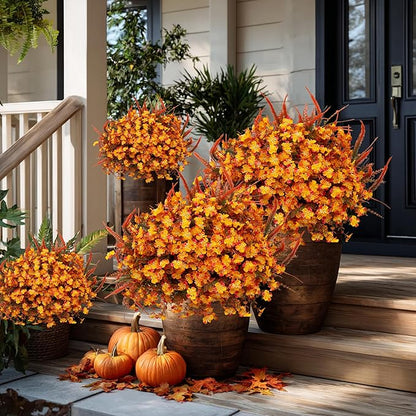 Artificial Fall Flowers for Outdoors Fake Mums - 16 Bundles Faux Fall Decor Plants No Fade Shrubs (16, OrangeGreen)